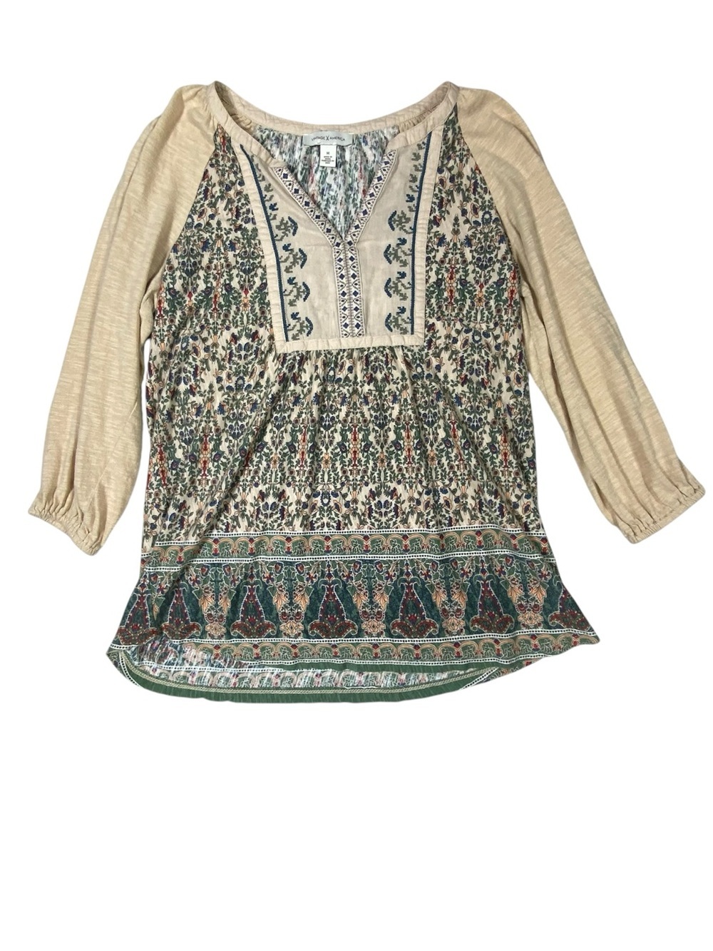 Vintage America Boho Tunic Top Women's M Embroidered Split V-Neck 3/4 Sleeve